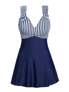 lot 89721 image: MiYang Womens One Piece High Waist Padded Swim Dress, Dark Blue Stripe, Tag Size 5XLXXL (US 16W)