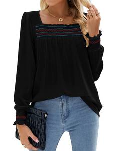 lot 89722 image: Micoson Womens Casual Puff Long Sleeve Square Neck Smocked Cuff Loose Boho Embroidered Fall Tunic Blouses T Shirts Black XL