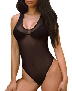 lot 89725 image: MANGOPOP Sheer Scoop Neck Bodysuit for Women Mesh Tank Top Body Suits Women Black Sleeveless Small