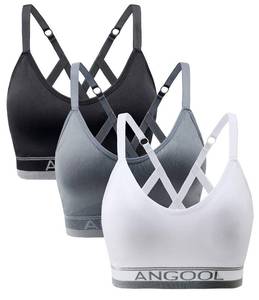 lot 89745 image: ANGOOL Strappy Sports Bras for Women, Longline Medium Support Yoga Bra Wirefree Padded Sports Bra with Adjustable Straps White 3 Pack XL