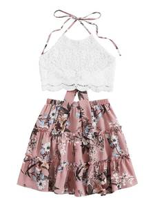 lot 89748 image: LYANER Womens 2 Piece Outfits Summer Lace Halter Cami Crop Top with Floral Mini Skirt Set Pink Small