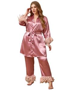 lot 89756 image: WDIRARA Womens Plus Satin Belted Robe and Pants Pajamas Lounge Set Feather Trim Sleepwear Dusty Pink 1XL