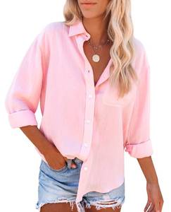 lot 89773 image: siliteelon Womens Button Down Shirts Cotton Dress Shirts Long Sleeve Blouses V Neck Solid Casual Tunics Tops with Pockets - Pink Medium