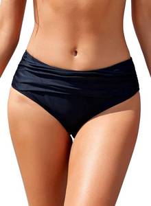 lot 89774 image: SHEKINI Womens Bikini Bottoms Ruched Black Swimsuit Tummy Control Swim Bottoms (Medium, Manhattan Black)
