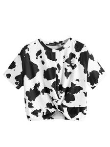 lot 89777 image: Milumia Womens Cow Print Twist Front Short Sleeve Crop Tank Top Tee Shirt Black and White X-Large