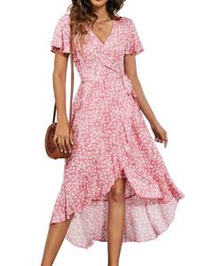lot 89807 image: Naggoo Womens Summer Wrap Floral V Neck Ruffle Short Sleeve Beach Midi Dress Pink X-Large