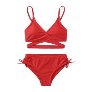 lot 89834 image: MIENOE Teen Girls Swimsuits Two-Piece Swimsuit V-Neck Bikini Swimsuit Solid Color Adjustable Shoulder Straps Swimsuit Kids Red Bikini (Size 12-14Years)