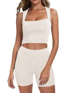 lot 89836 image: Abonlen Workout Sets for Women Square Neck Sleeveless Crop Tops Athletic Shorts 2 Piece Outfits Tracksuits Casual (Beige White, Large)