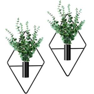 lot 89839 image: Jexine 2 Pcs Hanging Planters with Artificial Plants Metal Hanging Vase Indoor Plants Holder Modern Geometric Boho Wall Decor for Living Room Home Office(Black, Eucalyptus)