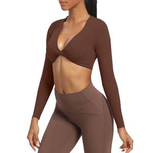 lot 89849 image: Aoxjox Long Sleeve Crop Tops for Women Sienna Twist Deep V Workout Crop T Shirt Top (Dark Brown, Medium)