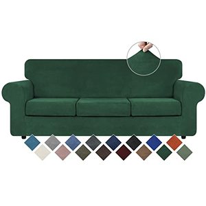 lot 89864 image: WEERRW 4 Pieces Velvet High Stretch Couch Covers for 3 Cushion Couch Sofa Slipcovers, Washable Furniture Protector with Non Slip Elastic Bottom, Feature Soft Plush Fabric, Emerald Green, Large