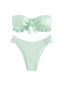 lot 89868 image: WDIRARA Womens Ruffle Knot Front Bandeau Bikini Set 2 Piece Strapless Swimsuit Lime Green Small