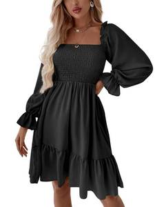 lot 89892 image: LYANER Womens Long Puff Sleeve Square Neck Shirred Ruffle Swing Midi Dress Solid Black Small