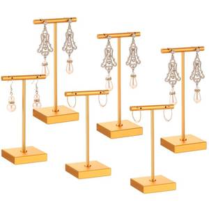 lot 89898 image: Kigeli 6 Pack Metal T Bar Earring Display Stand Retail Earring Display Holder Detachable Metal Earring Display Storage Rack Jewelry Photography Prop, Square Base, Height 4.3 and 5.1 (Gold)