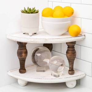 lot 89908 image: DAILY RITMO Corner Counter Wood Shelf  Stackable Countertop Bathroom Organizer  Farmhouse White Wash Tray Riser Wooden Shelves 2-Pack  Rustic Decorative Triangular Storage Pedestal Stand 