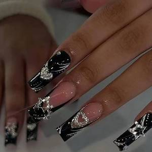 lot 89911 image: Black Press on Nails Long Square BAOYAALIN, Y2K Fake Nails with 3D Alloy Charms Design Gel Glue on Nails for Women Girls Full Cover Acrylic Artificial False Stick on Nail for Wedding 24Pcs in 12 Sizes