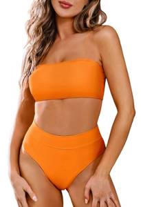 lot 89912 image: Pink Queen Womens 2 Piece Brazilian Bikini Set Swimsuit High Waisted High Cut Tummy Control Bathing Suit Orange XL