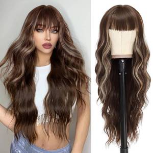 lot 89916 image: NAYOO Long Brown Wigs with Bangs for Women Curly Wavy Hair Wigs Heat Resistant Synthetic Fiber Wigs for Daily Party Use 26 Inches (Brown Mixed Blonde)