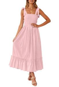 lot 89919 image: ZESICA Womens 2024 Summer Boho Spaghetti Strap Square Neck Solid Color Ruffle A Line Beach Long Maxi Dress,Pink,X-Small