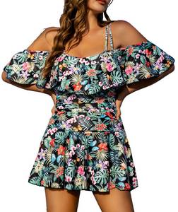 lot 89920 image: COCOPEAR Womens One Piece Flounce Swimsuit Off Shoulder Bathing Suit Tummy Control Swimdress Floral 98 XL12-14
