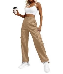 lot 89923 image: High Waist Baggy Cargo Pants Jeans for Women Stretch Twill Cropped Wide Leg Pant Khaki X-Small
