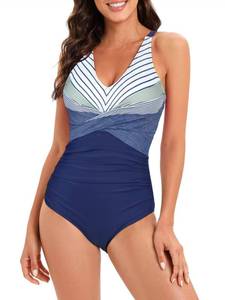 lot 89937 image: One Piece Bathing Suit for Women Front Cross Athletic Tummy Control Swimsuits V Neck Slimming Swimwear Navy Blue Stripes 2XL