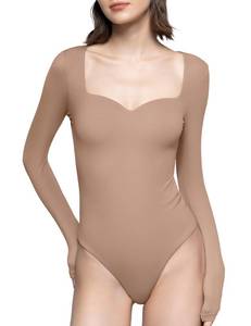 lot 89939 image: PUMIEY Bodysuits for Women Long Sleeve Body Suit Sweetheart Neck Shirts Sexy Tops, Taffy Small