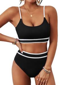 lot 89942 image: BMJL Womens High Waisted Bikini Ribbed Two Piece Swimsuit High Cut Color Block Adjustable Straps Bathing Suit(Medium,Black)