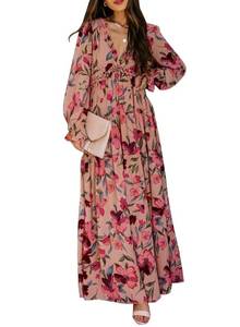 lot 89961 image: BLENCOT Womens Casual Floral Deep V Neck Long Sleeve Long Evening Dress Cocktail Party Maxi Wedding Dresses Floral Pattern Red Medium