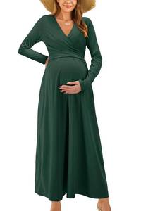 lot 89964 image: OUGES Womens Fall Winter Long Sleeve V Neck Maxi Dress with Pockets Maternity Clothes Nursing Dresses Baby Shower Photoshoot 2024(Dark Green,XL)