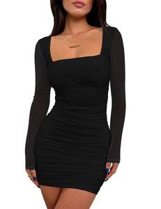 lot 89966 image: BORIFLORS Womens Sexy Ruched Bodycon Mini Dress Mesh Long Sleeve Club Party Short Dresses, X-Small, Black