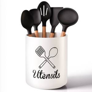 lot 89970 image: Kitchen Utensil Holder for Countertop - 6D x 7.1H Matte White Ceramic Utensil Holder for Kitchen Counter - Large Utensil Holder for Kitchen Counter - Kitchen Utensil Crock (Indented Utensil Holder)