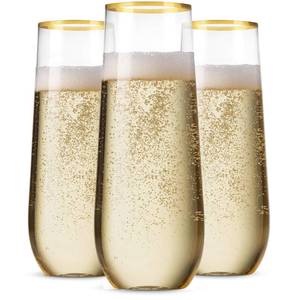 lot 89973 image: Munfix 48 Pack Stemless Plastic Champagne Flutes Disposable 9 Oz Gold Rim Clear Plastic Toasting Glasses Shatterproof Recyclable and BPA-Free