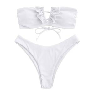 lot 89976 image: ZAFUL Womens Strapless Ribbed V Wired Lace Up Ruffle Tie High Cut Bandeau Swimsuits Bikini Set(0-White, Large)