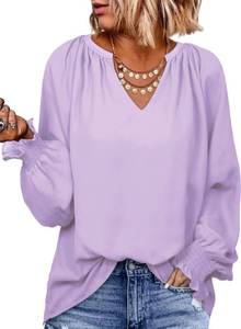 lot 89977 image: Dokotoo Womens Tops Fall Outfits for Women 2024 Fashion Smocked Long Sleeve Shirts V Neck Spring Summer Chiffon Blouses Solid Color Winter Clothes Business Casual Outfits Purple Blouses for Women Large