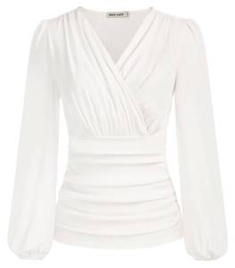 lot 89980 image: White Blouses for Women Wrap Ruched Tops Casual Long Sleeve Blouse V Neck Work Shirt Office Tops White Large