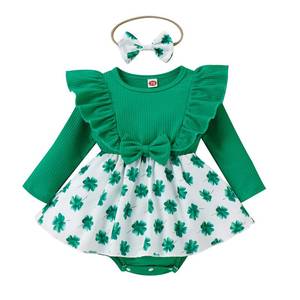 lot 89981 image: Infant Baby Girls Bodysuit Dress St. Patricks Day Outfits Long Sleeve Four-Leaf Clover Print Dress and Headband (Green, 12-18 Months)