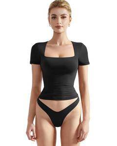 lot 89994 image: SUUKSESS Women Double Lined Fitted Basic Tee Shirts Square Neck Short Sleeve Y2K Going Out Crop Tops (Jet Black, Medium)