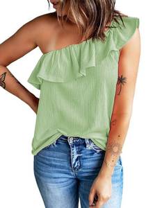 lot 90001 image: Dokotoo One Shoulder Tank Tops for Women Fashion 2024 Casual Ruffled Sexy Tunic Shirts Summer Loose Fit Cute Green Blouses Medium