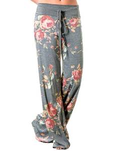 lot 90002 image: iChunhua Womens Comfy Stretch Floral Print Drawstring Palazzo Wide Leg Lounge Pants(Medium,Grey)