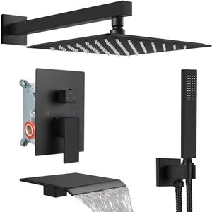 lot 90008 image: Midanya Rain Shower System Tub Shower Faucet Set Square Rainfall Shower Head with Handheld Sprayer and Waterfall Tub Spout Rough-in Valve Shower Mixer Combo,12 Inch Matte Black - Retail $176.65