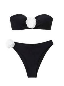 lot 90082 image: GORGLITTER Womens 2 Pieces Bandeau Bikini Swimsuits Floral Appliques High Cut Bathing Suit Black Medium