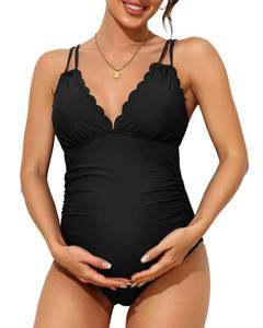 lot 90084 image: Charmo Maternity One Piece Swimsuit for Women Scallop Trim V Neck Pregnancy Swimwear Double Straps Ruched Bathing Suit Cutout Tie Back Black