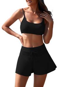 lot 90086 image: Pink Queen Summer Cheeky Bikini Sets for Women 2 Piece Push Up Sporty Bathing Suit Drawstring High Waist Swimsuit with Shorts Black S