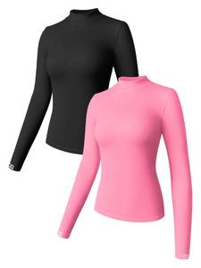 lot 90090 image: OQQ Womens 2 Piece Long Sleeve High Neck Tops Stretch Fitted Underscrubs Layer Tee Tops Shirts Tops Black Beige