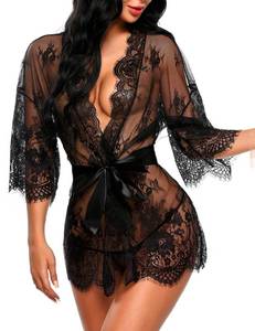 lot 90093 image: Avidlove lace robe Womens Lace Kimono Robe Babydoll Lingerie Mesh Nightgown Black L