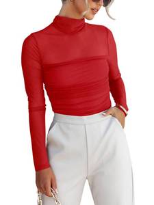 lot 90100 image: REORIA Women�s Fall Sexy Mock Turtle Neck Long Sleeve Sheer Mesh Slim Fit Ruched Trendy Going Out Leotard Bodysuits Tops Red Medium