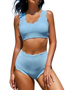 lot 90105 image: ZAFUL Womens Scalloped Textured Swimwear High Waisted Wide Strap Adjustable Back Lace-up Bikini Set Swimsuit Day Sky Blue S