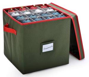 lot 90205 image: Handy Laundry Christmas Ornament Storage - Stores upto 64 Holiday Ornaments, Adjustable Dividers, Two Handles. Storage Box Keeps Holiday Decorations Clean and Dry for Next Season. (Green)