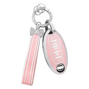lot 90206 image: PIFOOG Key Fob Cover for Nissan 5 Button Pink Car Keys Shell Case Bling Keychain Protector Accessories for Altima Sentra Rogue Pathfinder Murano Armada Maxima Versa Soft TPU Girly Women